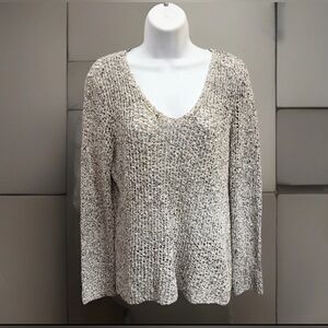 $228 EILEEN FISHER Open Knit Sweater Women M  V-Neck Marled Cotton Cottage Gray